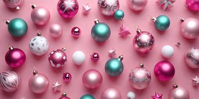 The primary subject of the image is a collection of Christmas ornaments, which are predominantly pink and green in color. These ornaments are displayed on a pink background, creating a festive and warm atmosphere. The visual style of the image is a combination of photo and digital art, as it showcases a close-up view of the ornaments against a pink background. The colors and mood of the image are predominantly pink and green, reflecting the holiday season and the joyous spirit of Christmas.